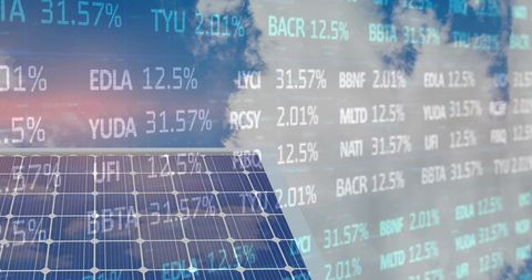 Robotic hand interacting with solar energy and finance display