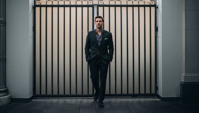 Standing businessman in tailored dark suit posing at iron gate with pillars and pocket square