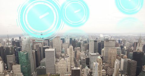 Digital Clocks Overlay On Urban Cityscape