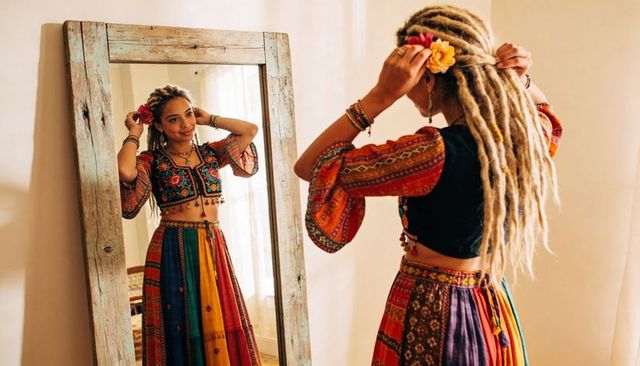 Boho dreadlocks styling: tucking flowers into hair while checking mirror in sunlit room