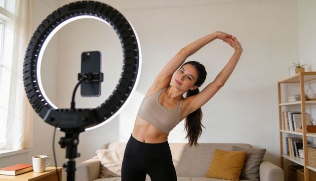 Home fitness creator stretching during live workout with ring light and smartphone