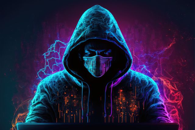 Person wearing hoodie and mask with neon glowing background, ideal for use in articles about cybersecurity, hacking, internet safety, or digital crime. Can also be used for art projects, tech blogs, and promotions about cybercrime prevention.
