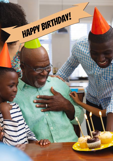 Heartwarming birthday moment showing an African American grandfather surrounded by his loving family, including children and grandchildren. Ideal for illustrating family values, elder celebration, and togetherness. Perfect for promotions related to family gatherings, birthday parties, or senior appreciation events.