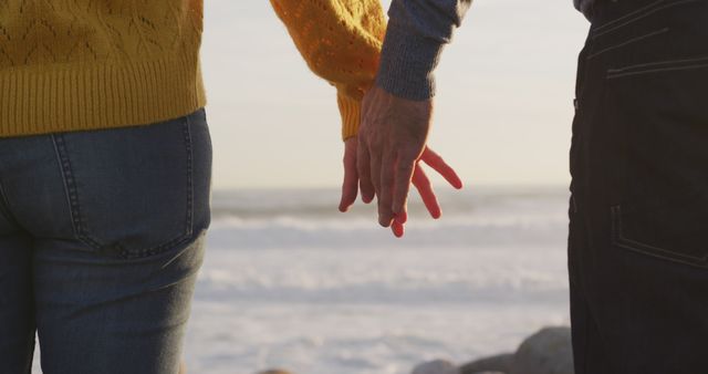 Midsection of senior caucasian couple holding hands by sea at sunset - Download Free Stock Photos Pikwizard.com