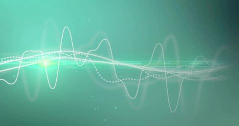 Teal digital waveform with neon glow, dotted and dashed lines, particles and lens flare
