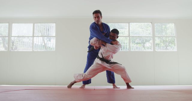 Two Men Practicing Throws in Judo Dojo with Natural Light - Download Free Stock Images Pikwizard.com