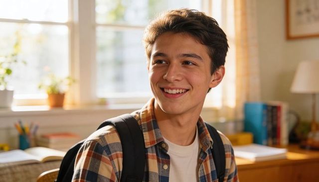 Smiling teen student studying at sunlit desk with backpack and notebooks, home learning