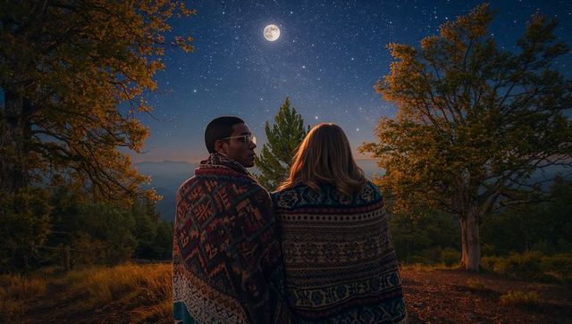 Romantic Couple Stargazing Wrapped in Cozy Blankets on Hilltop