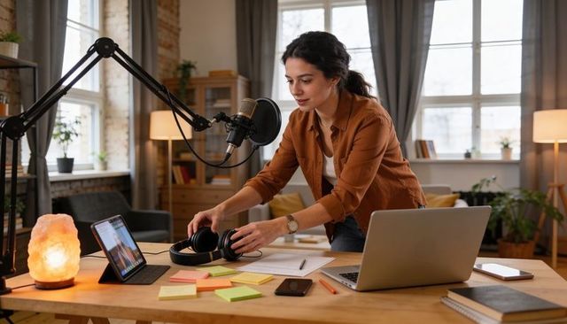 Content creator adjusting headset and microphone in cozy home podcast studio with laptop