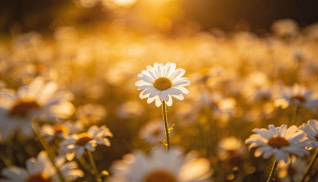 Golden hour daisy standing tall in meadow with backlit bokeh and soft petal glow