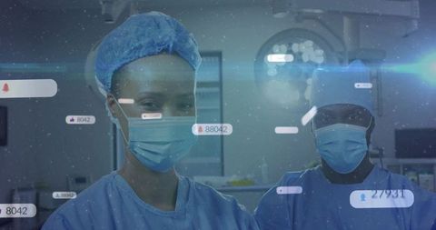 Surgical team collaborating with augmented reality overlays in futuristic operating room