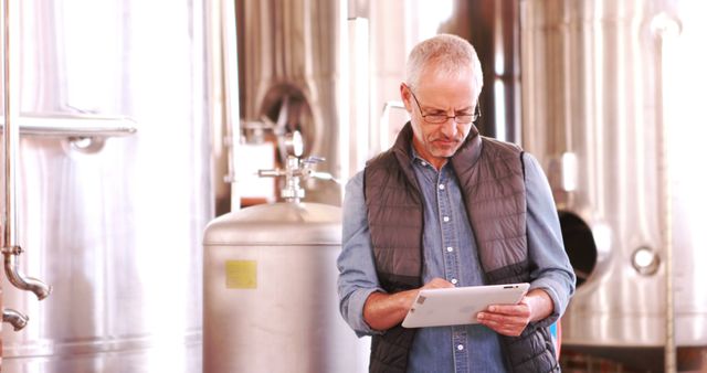 Senior Man Using Digital Tablet in Industrial Brewery Facility - Download Free Stock Photos Pikwizard.com