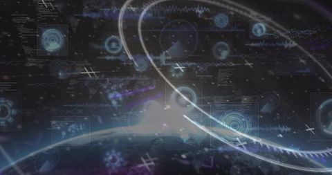 Orbiting planet horizon featuring holographic hud, radar targets, neon telemetry overlays