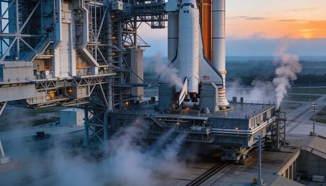Orbiter on Launch Pad Venting Steam at Twilight with Orange External Tank and Two Boosters