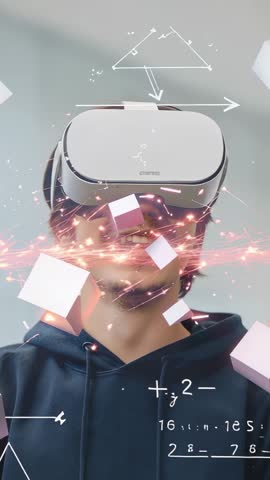 Teen Raising Hand While Experiencing VR Learning with Floating Pink Cubes and Math Diagrams