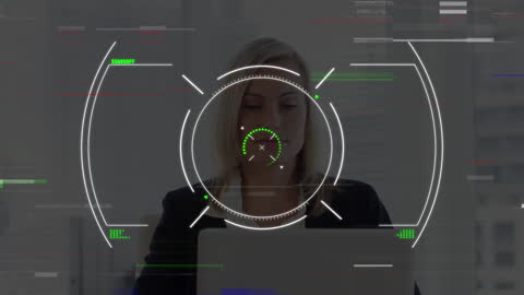 Businesswoman Engaging with Digital Financial Data Interface