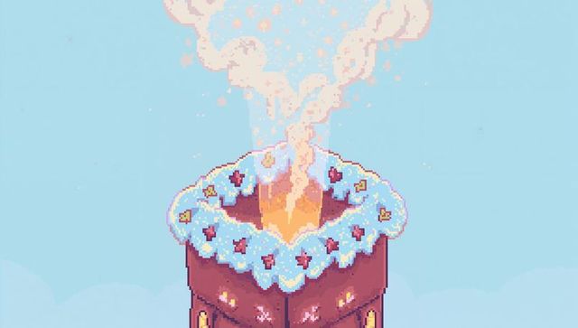 Pixel-art frosted tower emitting orange flame and pink smoke in pastel retro sky ornate