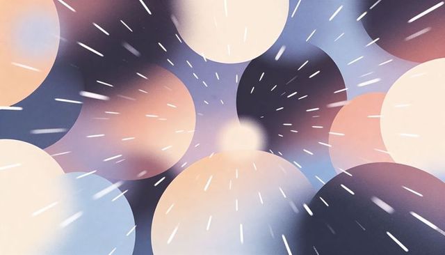 Glowing orb cluster creating deep space illusion with motion streaks and soft gradients