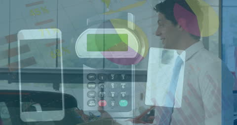 Caucasian Businessman Interacts with Digital Data Overlay