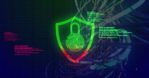 Neon biometric shield verifying access with fingerprint padlock and futuristic security UI