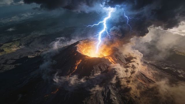 Erupting volcano crater striking lightning over glowing lava and roaring ash plume