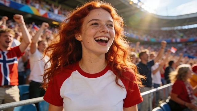 Red-haired freckled woman cheering in stadium with sunlight, lens flare and flags