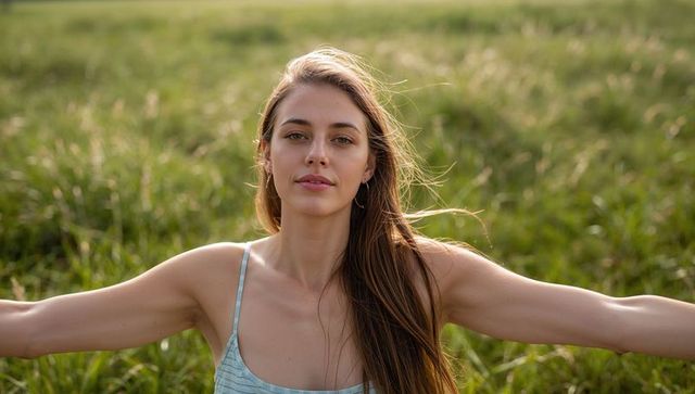 Standing woman with arms out embracing sunlit meadow freedom, long hair, blue dress