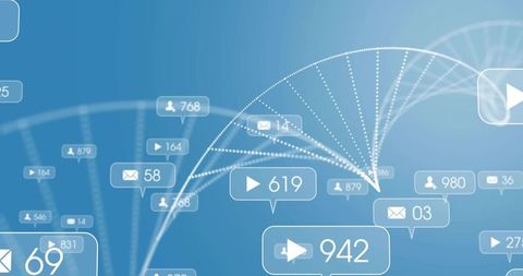 Digital helix visualizing social media notifications and data streams on tech gradient
