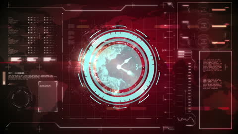 Futuristic Digital Interface with Clock Elements and Data Graphics