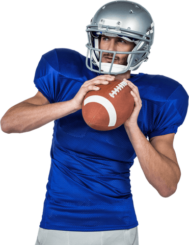 Transparent football player preparing to throw ball in blue jersey