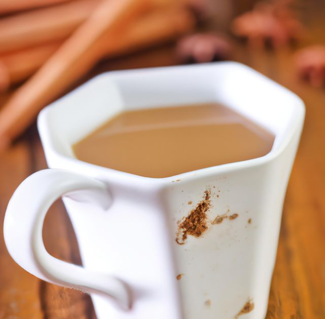 This image of a warm cup of hot chocolate in a white mug with cinnamon sticks in the background can be used for various purposes, including articles on autumn or winter recipes, comfort foods, cozy home settings, and seasonal beverages. Perfect for blog posts about lifestyle tips, holiday preparations, or food photography.