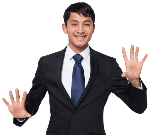 Smiling Asian Businessman Gesturing Enthusiastically on Transparent Background - Download Free Stock Videos Pikwizard.com