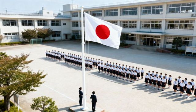 Japanese students lined up for flag raising ceremony in school courtyard morning assembly