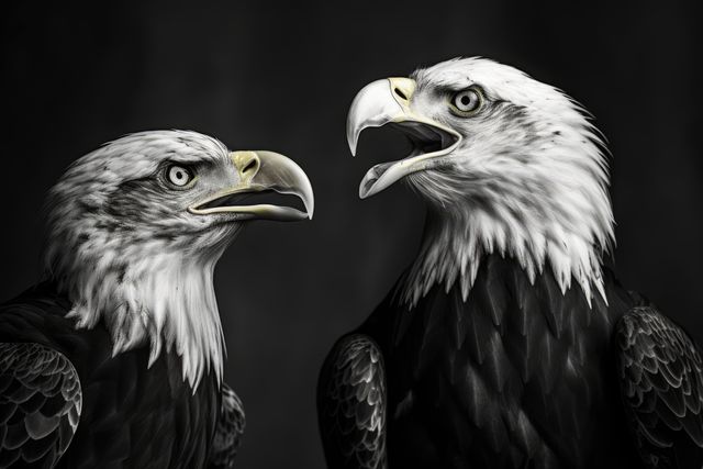 Two majestic bald eagles face each other, showcasing their powerful beaks. Their intense expressions and contrasting black and white plumage highlight their status as symbols of freedom.