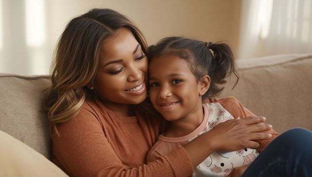 Mother and daughter embracing on comfortable couch