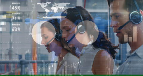 Call Center Team Analyzing Financial Data with Headsets