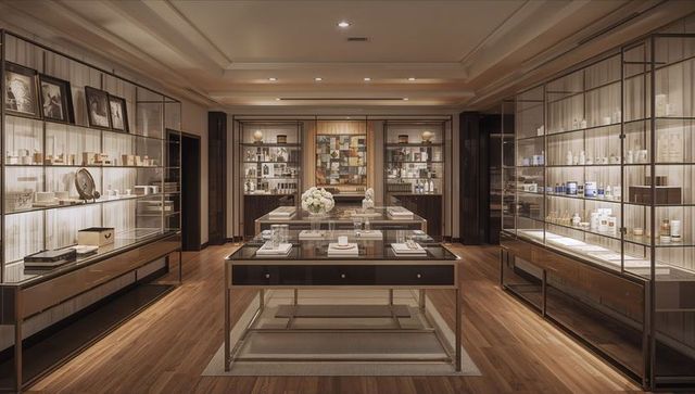 Luxurious boutique skincare showroom with glass display tables and warm wood interiors