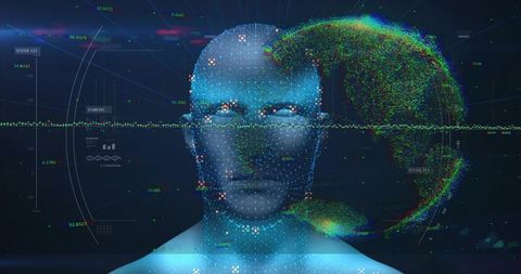 3D Digital Bust Scanning with Holographic Particle Globe and Neon Data HUD