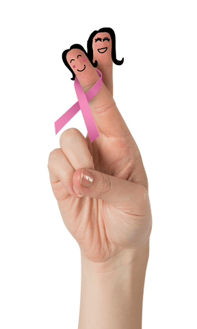 Transparent Hand with Pink Ribbon and Finger Faces for Cancer Awareness