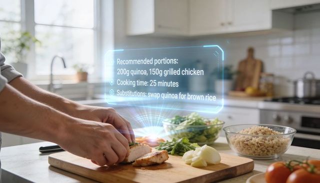 Slicing grilled chicken with holographic recipe overlay and quinoa bowl on countertop