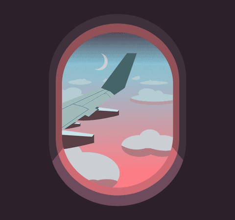 Minimalistic Airplane Window View with Clouds and Crescent Moon
