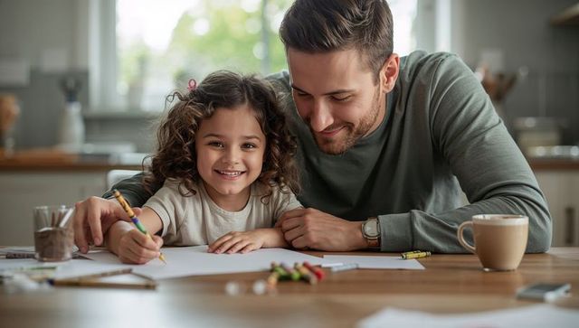 Father and daughter bonding over creative drawing at kitchen table