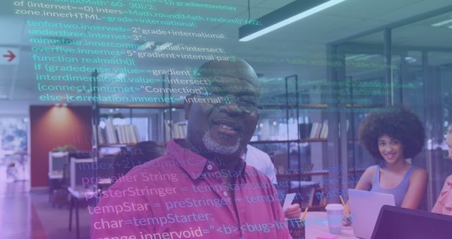 Senior African American Man in Office with Coding Overlay - Download Free Stock Images Pikwizard.com