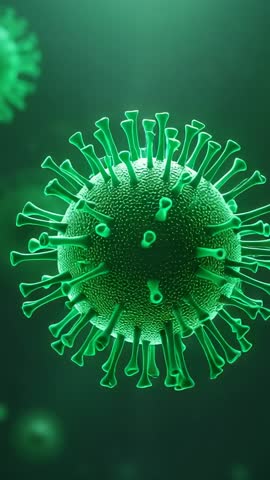 Vertical microscope video of green virion drifting with glowing spike proteins and zoom