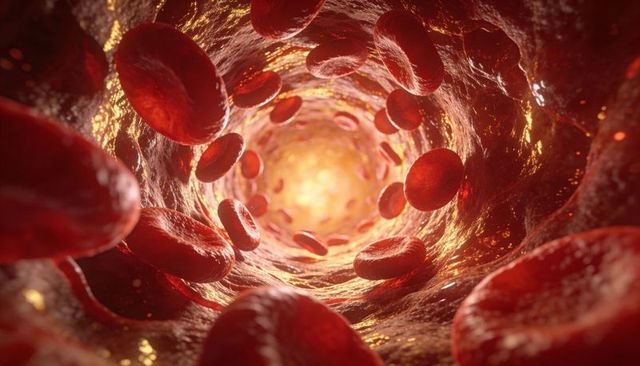 Flowing red blood cells inside vessel lumen with glowing plasma and microvascular detail