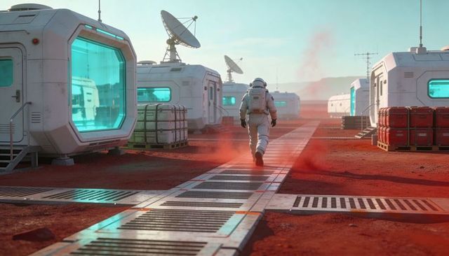Astronaut walking through mars colony between habitat pods and satellite dishes
