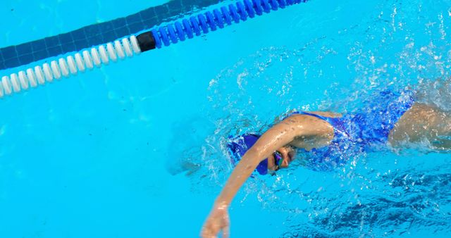 Swimmer doing freestyle swimming in a pool, wearing blue equipment - Download Free Stock Images Pikwizard.com