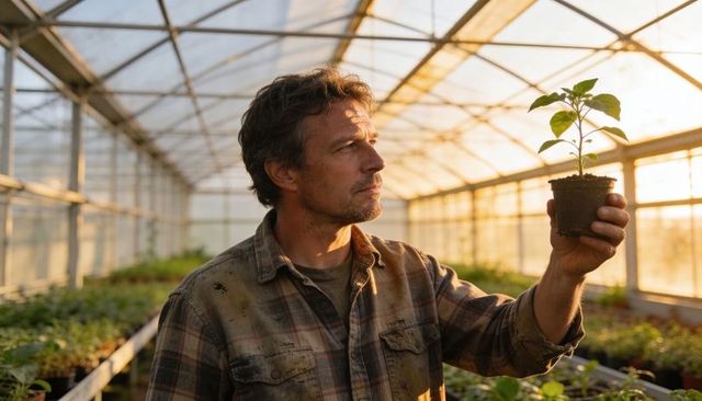 Middle-aged greenhouse grower inspecting young seedling in sunlit nursery