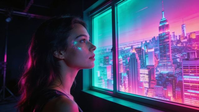 Young woman gazing at neon cyberpunk city skyline through window with vivid glitter makeup