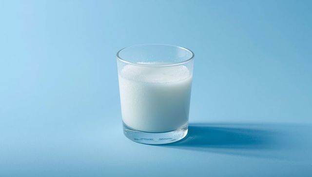 Minimalist Glass of Milk with Condensation on Blue Background